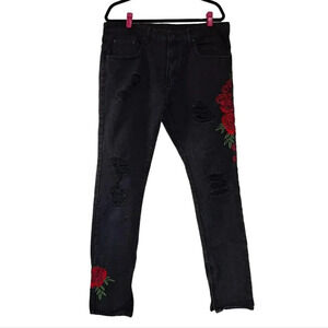 Young & Reckless Black Distressed Jeans with Roses 36